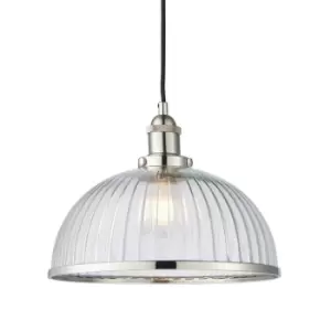 Hanging Ceiling Pendant Light Nickel & RIBBED GLASS Dome Bowl Lamp Shade Holder