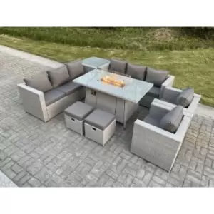 Fimous 8 Seater Outdoor Light Grey Rattan Fire Pit Lounge Complete Sofa Set with Gas Heater and 2 Stools