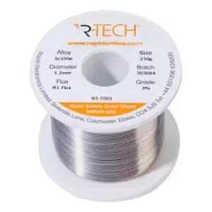 R-TECH 857001 SC100e Solder 3% M1 Flux 0.5-2% Halide 1.2mm 250g Reel