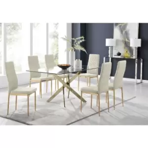 Furniturebox UK - Furniturebox Leonardo 6 Gold Leg Glass Dining Table and 6 Cream Milan Velvet Dining Chairs With Gold Legs Diamond Stitch Modern