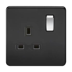 KnightsBridge 1G DP 13A 230V Screwless Matt Black UK 3 Pin Switched Electrical Wall Socket - Black Insert