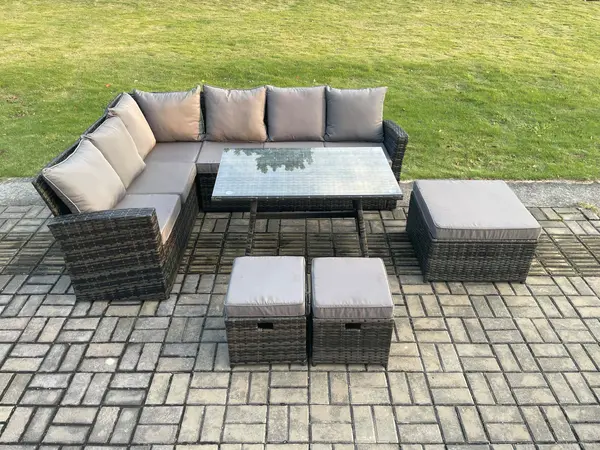 Fimous 6 Seater Outdoor Dark Grey High Back Rattan Lounge Complete Sofa Set Left Side with Oblong Dining Table, 2 Stools and Big Footstool