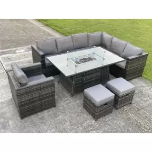 Fimous 7 Seater Outdoor Dark Grey Rattan Lounge Complete Sofa Set with Gas Fire Pit Table, Gas Heater and 2 Stools