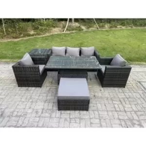 Fimous 5 Seater Outdoor Dark Grey Rattan Dining Complete Set with Adjustable Table, Side Table and Big Footstool