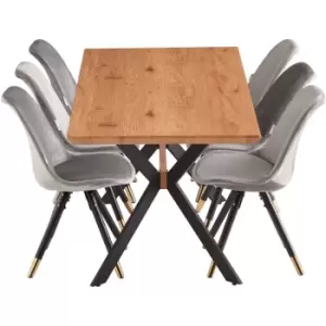 7 Pieces Life Interiors Sofia Blaze Dining Set - an Extendable Oak Rectangular Wooden Dining Table and Set of 6 Dark Grey Dining Chairs - Dark Grey