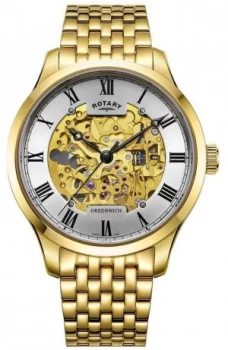 Rotary Mens Greenwich Automatic Gold Plated Skeleton Watch