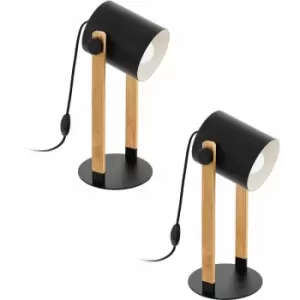 2 pack Table Lamp Desk Light Black & Creme Shade Wood Base 1x 28W E27