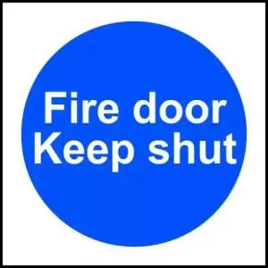 Self-adhesive vinyl Fire Door Keep Shut sign 100 x 100mm. Easy to use;