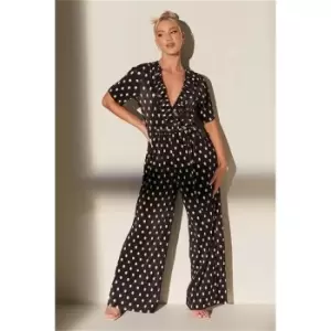 I Saw It First Black Plisse Polka Dot Short Sleeve Culotte Jumpsuit - Black