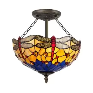 3 Light Semi Flush Ceiling E27 With 40cm Tiffany Shade, Blue, Orange, Crystal, Aged Antique Brass - Luminosa Lighting