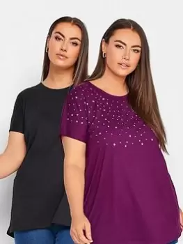 Yours 2 Pack Embellished T-Shirt - Black/Purple, Black, Size 20, Women