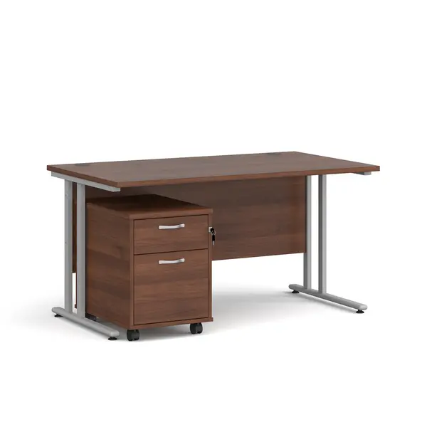 Maestro 25 Straight Desk with Silver Cantilever Frame and 2 Drawer Pedestal - Walnut - 1400mm x 800mm