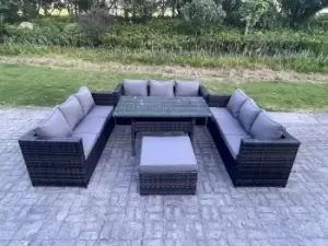 Fimous 9 Seater Outdoor Dark Grey Rattan Lounge Complete Sofa Set with Rectangular Dining Table and Footstool