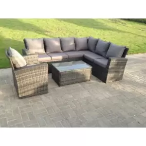 Fimous 6 Seater Outdoor High Back Dark Grey Rattan Garden Furniture Corner Sofa Set with Oblong Coffee Table