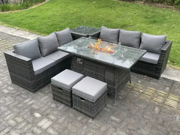 Fimous 6 Seater Outdoor Dark Grey Rattan Lounge Complete Sofa Set with Gas Fire Pit Table, Heater and 2 Stools