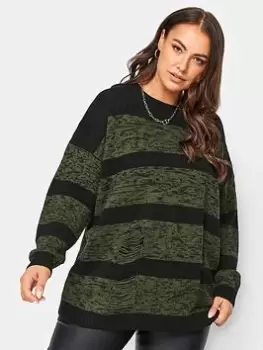 Yours Distressed Stripe Jumper, Green, Size 18-20, Women