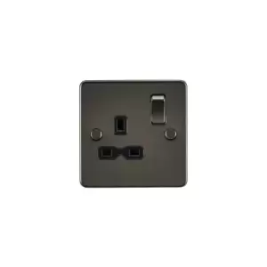 Flat plate 13A 1G dp switched socket - gunmetal with Black insert - Knightsbridge