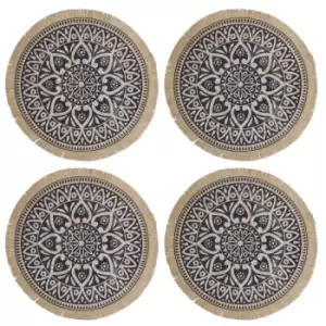 Set of 4 Jute Placemats with Mandala Design, Natural Printed Hessian - Blue