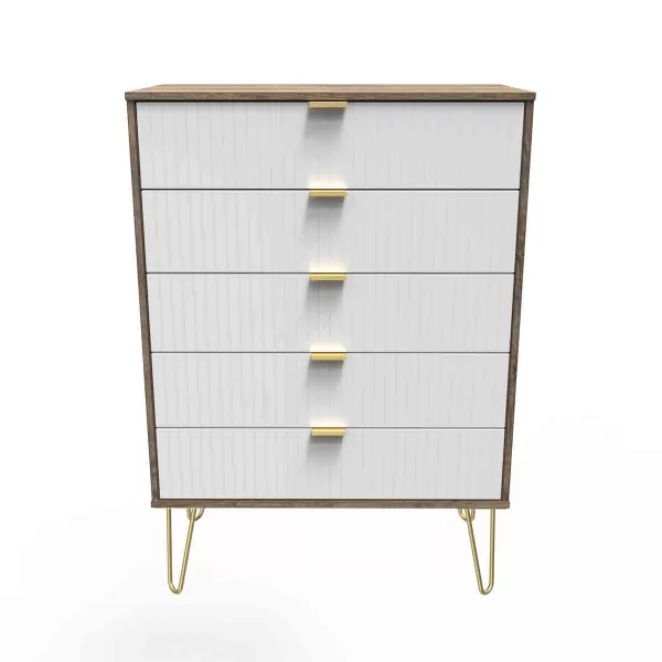 Welcome Furniture Ready Assembled Linear 5 Drawer Chest In White Matt & Vintage Oak