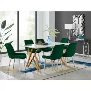 Taranto White High Gloss Dining Table and 6 Green Pesaro Silver Leg Chairs - Green