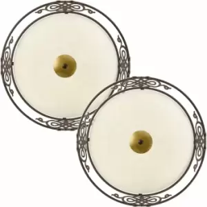 Loops - 2 pack Wall Flush Ceiling Light Antique Brown Gold Shade Beige Glass E27 2x60W