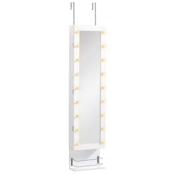 HOMCOM Jewellery Storage Mirror Cabinet Wall Mounted or Door Hanging w/ Hooks Shelves Drawer 18 Lights Brush Holder Vanity Makeup White AOSOM UK