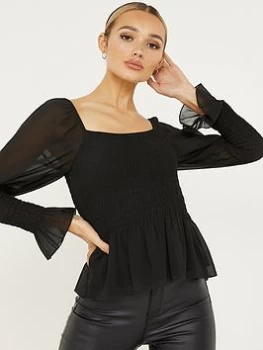 Quiz Black Chiffon Shirred Peplum Top - 6