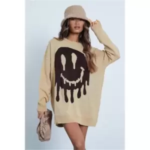 I Saw It First Stone Oversized Smiley Face Knitted Jumper - Brown