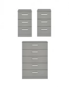 Sanford High Gloss Ready Assembled 3 Piece Package - Chest Of 5 Drawers And 2 Bedside Chests