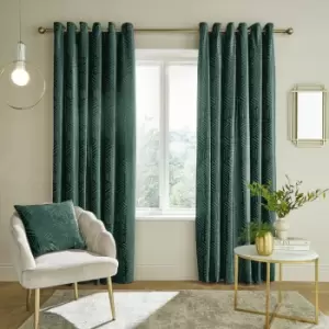 Catherinelansfield - Catherine Lansfield Geo Cut Velvet Deco Lined Eyelet Curtains, Forest Green, 90 x 90 Inch