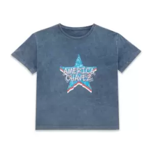 Marvel Dr Strange America Chavez Star Womens Cropped T-Shirt - Navy Acid Wash - S