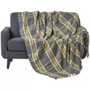 Grey & Yellow Tartan Check Sofa and Bed Throw, 225 x 255cm - Grey - Homescapes