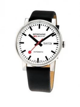 Mondaine Mondaine Swiss Made Evobig White Daydate Automatic Dial Polished Stainless Steel 40Mm Case Black Leather Strap Watch