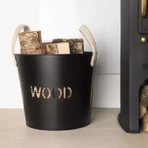 Rowan Small Leather Handled Fireside Wood Bucket Classic Style Iron Suede - Black