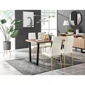 Furniture Box Kylo Brown Wood Effect Dining Table and 4 Cream Velvet Milan Gold Leg Chairs