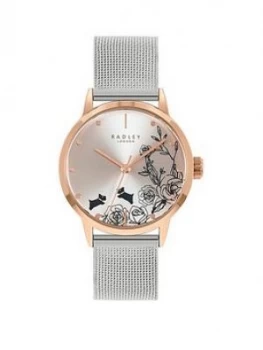 Radley Floral Dog Dial Rose Tone Bezel Stainless Steel Mesh Watch