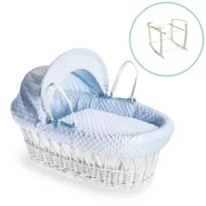 Clair de Lune Dimple White Wicker Moses Basket in Blue & White Deluxe Rocking Stand - Blue