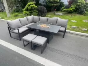 Fimous 6 Seater Outdoor Dark Grey Aluminum Lounge Complete Sofa Set with Gas Fire Pit Table and 2 Stools