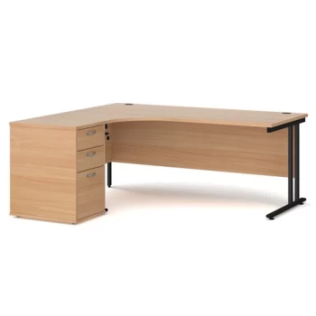 Office Desk Left Hand Corner Desk 1800mm With Pedestal Beech Top With Black Frame Maestro 25