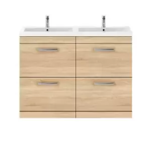 Nuie Athena 1200 Floor Standing 4-drawer Vanity & Ceramic Double Basin - Natural Oak