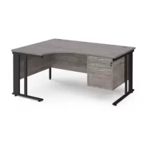 Maestro 25 left hand ergonomic desk 1600mm wide with 2 drawer pedestal - Black cable managed leg frame and grey oak top