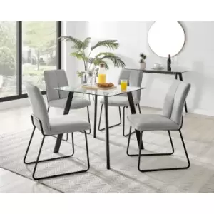 Furniturebox UK - Furniturebox Seattle Glass and Black Metal Leg Square Dining Modern Industrial Dining Table & 4 Light Grey Halle Fabric Chairs