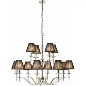 Avery Ceiling Pendant Chandelier Light 12 Lamp Bright Nickel & Black Pleat Shade