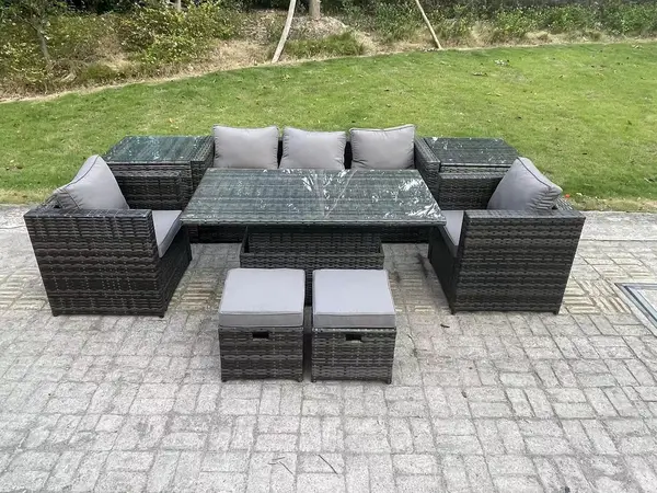 Fimous 5 Seater Outdoor Dark Grey Rattan Lounge Complete Sofa Set with Adjustable Dining Table, 2 Side Tables and 2 Stools