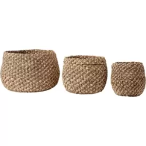 Trine Set of 3 Woven Seagrass + Palm Leaf Plaited 2-Tone Storage Baskets Natural