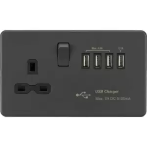 Screwless 13A Switched Socket with Quad USB charger (5.1A) - Anthracite 230V IP20