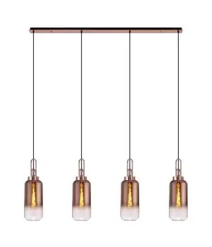 Linear 4 Light Pendant E27 With 16cm Cylinder Glass, Copper, Clear Copper, Matt Black