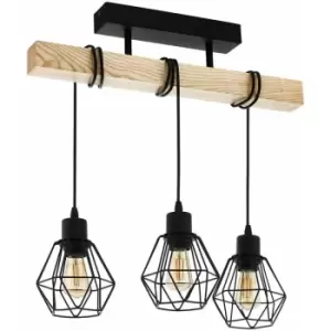 Loops - Semi Flush Ceiling Light Black Steel Wiire Shade & Wood 3 x 60W E27 Bulb