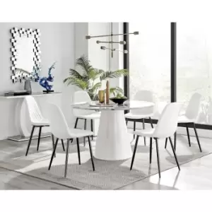 Furniturebox Palma White Marble Effect 120cm Round Minimalist Dining Table & 6 White Corona Faux Leather Dining Chairs with Black Legs Diamond Stitch