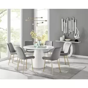 Furniturebox Palma White High Gloss 6 Seat Minimalist Post Modern Round Dining Table & 6 Grey Pesaro Gold Leg Velvet Chairs